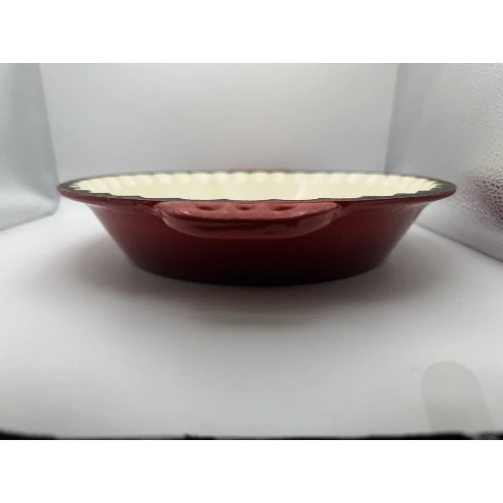 Vintage Red Enamelware Scalloped Pie Tart Quiche Baking Dish Double Handle